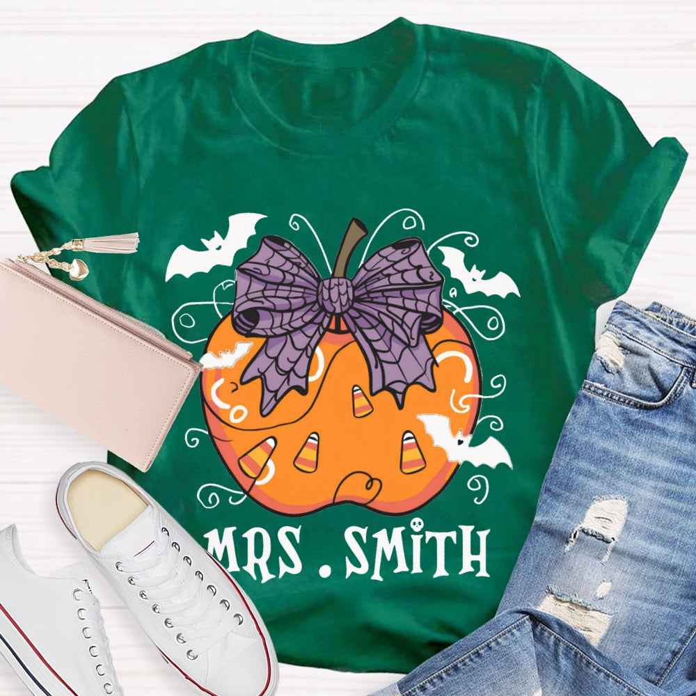 Personalized Name Purple Bow And Pumpkin Bat Halloween T-shirt