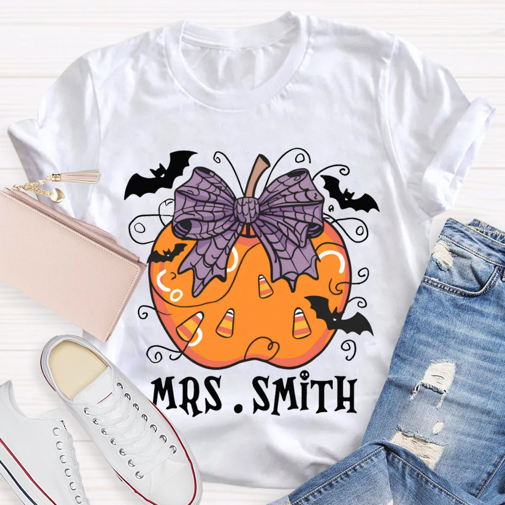 Personalized Name Purple Bow And Pumpkin Bat Halloween T-shirt