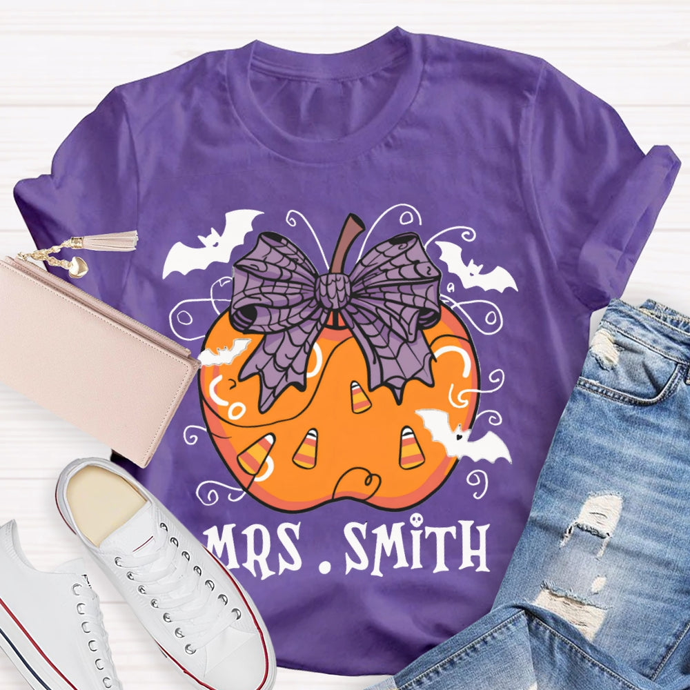 Personalized Name Purple Bow And Pumpkin Bat Halloween T-shirt