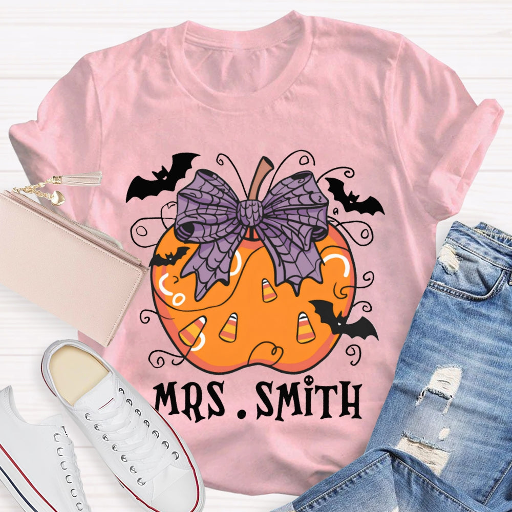 Personalized Name Purple Bow And Pumpkin Bat Halloween T-shirt
