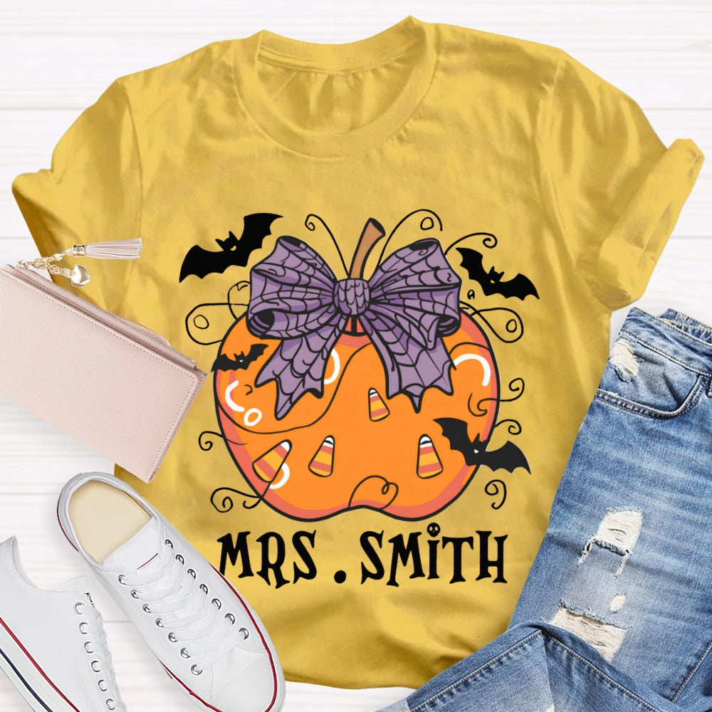 Personalized Name Purple Bow And Pumpkin Bat Halloween T-shirt