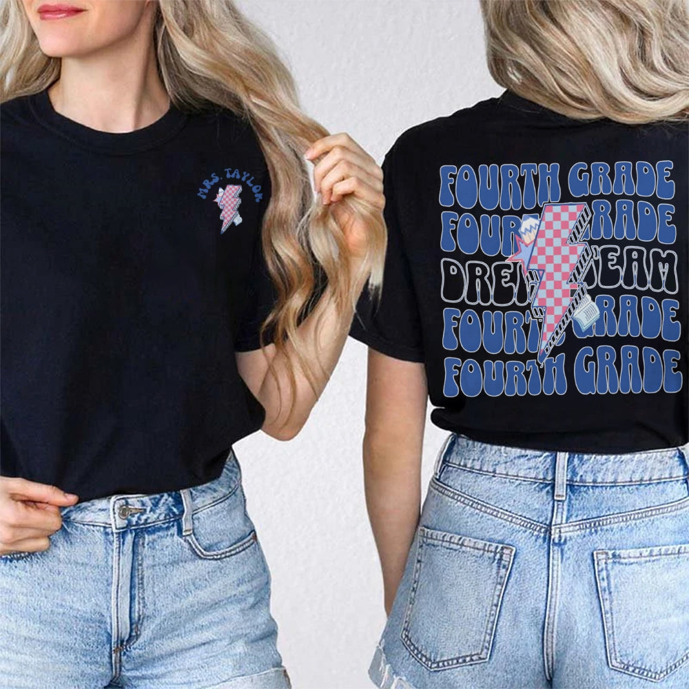 Personalized Name And Grade Fourth Grade Lightning Print Teacher Double Printed T-shirt