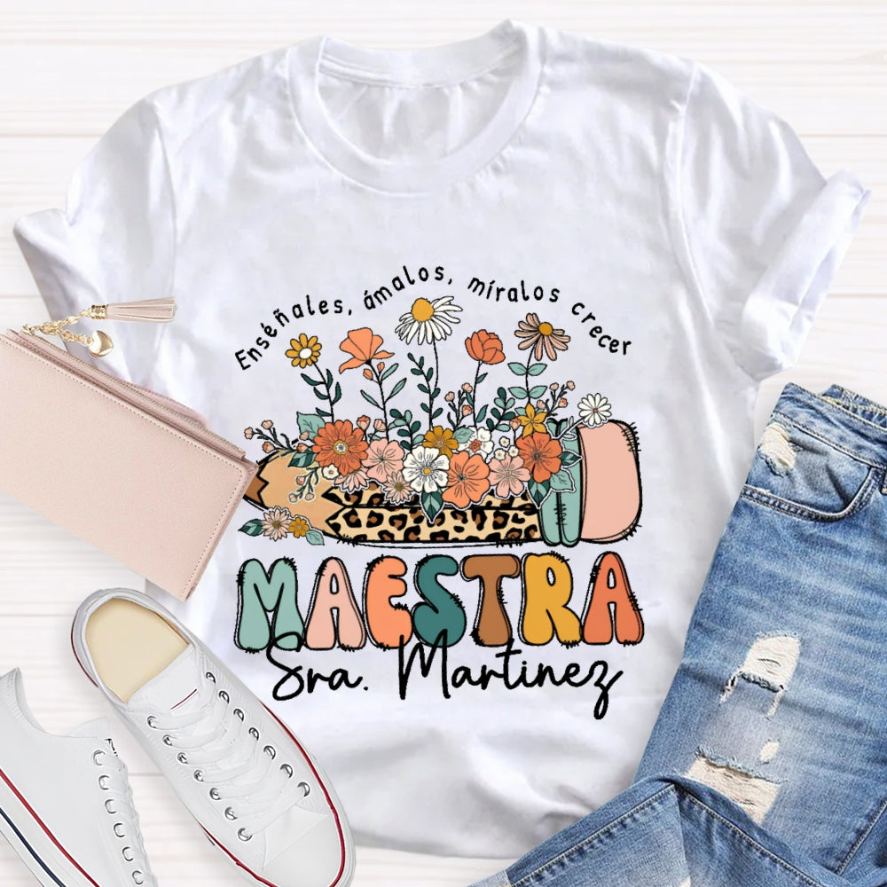 Personalized Name Maestra Leopard Print Pencil T-shirt