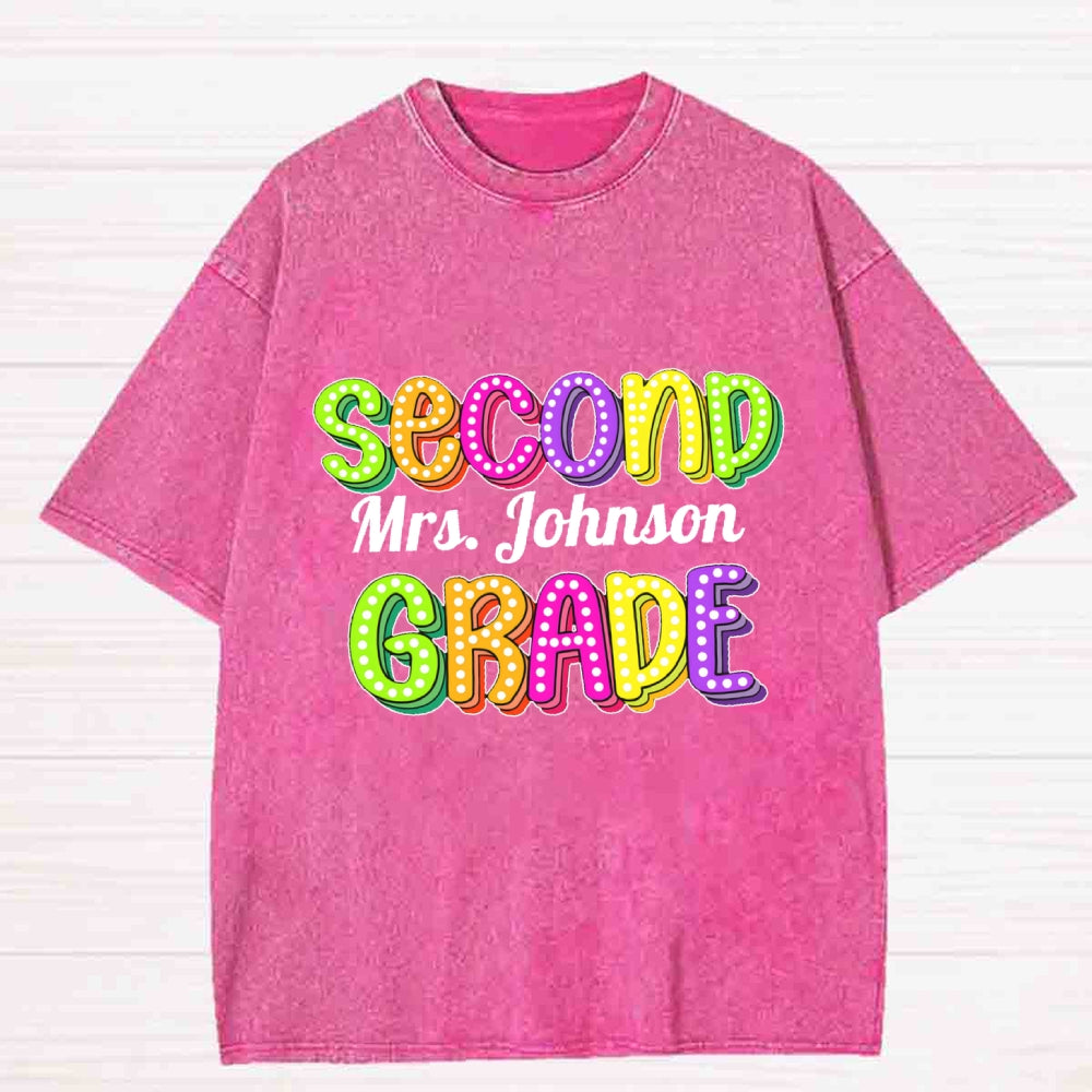 Personalized Grade And Name Colorful Letter Washed T-Shirt