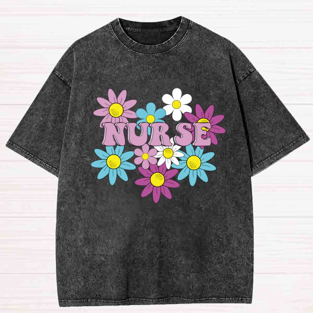 Floral Nurse Printed Washed T-Shirt