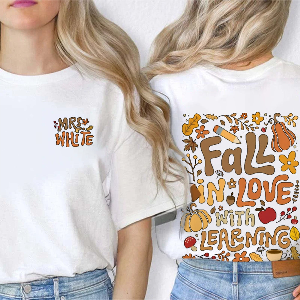 Personalized Name Fall In Love With Learning Teacher Gift  Double Printed T-shirt