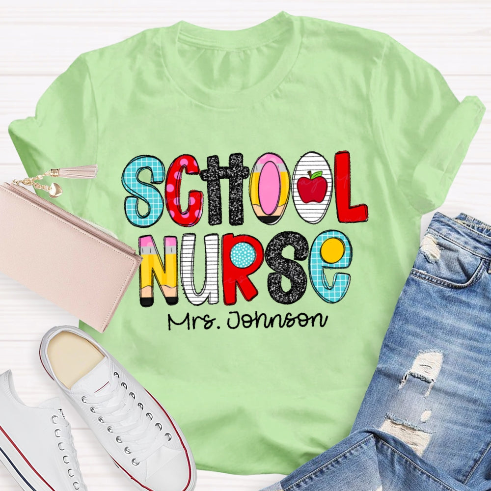 Personalized Name School Nurse Letters Funny T-shirt