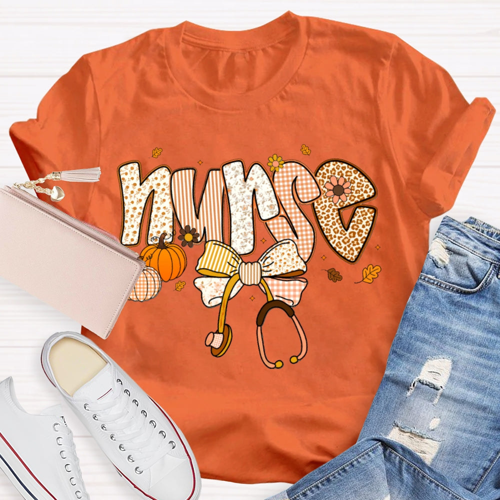School Nurse Pumpkin And Stethoscope With Bow Halloween T-shirt
