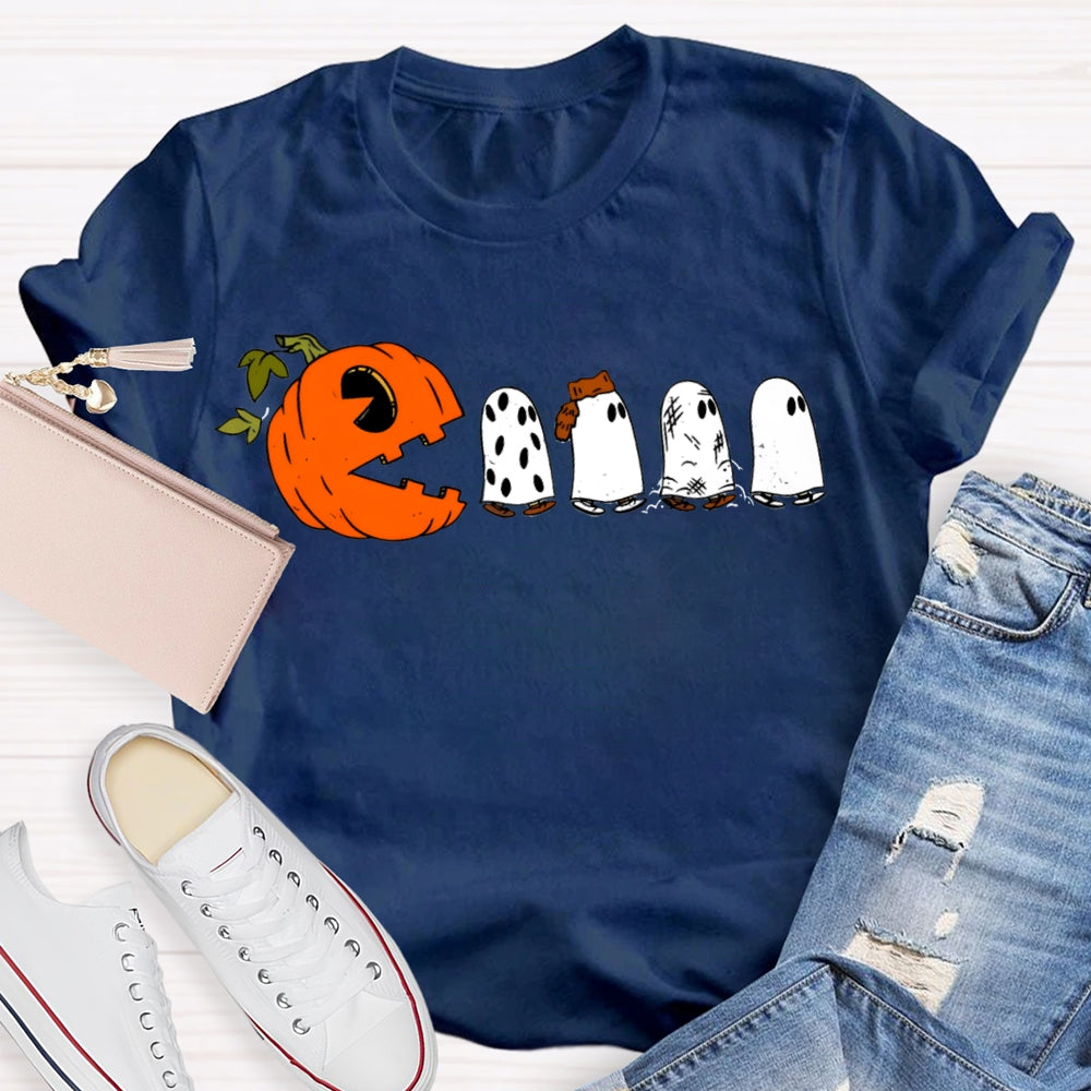 Pumpkin And Four Cute Ghosts Funny Halloween T-shirt