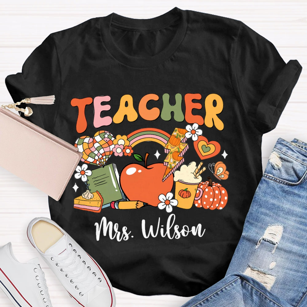Personalized Name Colorful Fonts Small Flowers And Pumpkins Halloween T-shirt