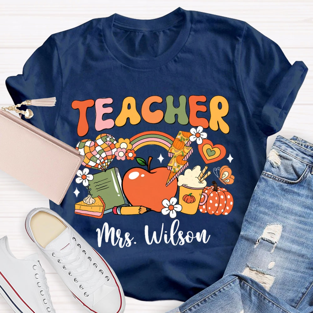 Personalized Name Colorful Fonts Small Flowers And Pumpkins Halloween T-shirt