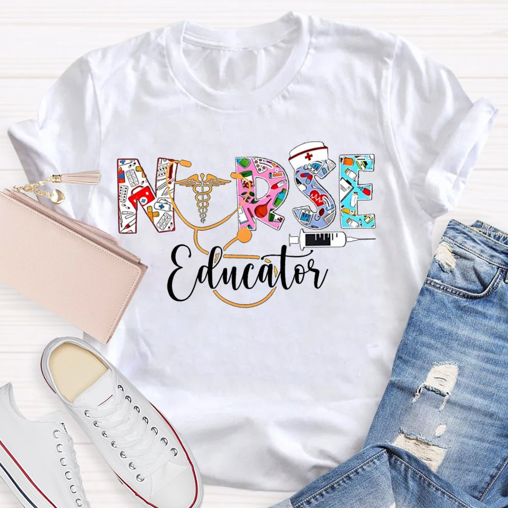 School Nurse Educator Colorful Font Printing T-shirt