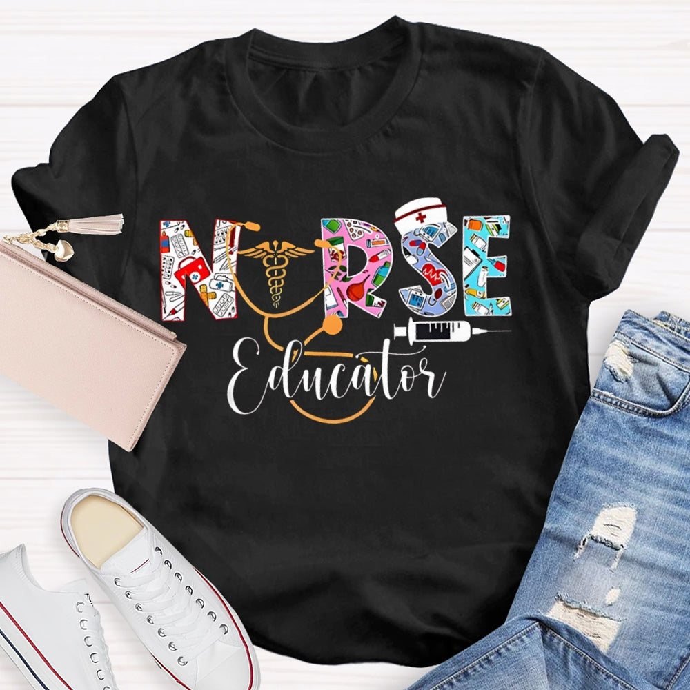 School Nurse Educator Colorful Font Printing T-shirt
