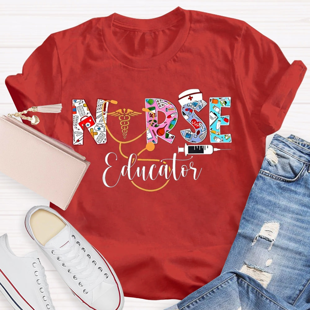 School Nurse Educator Colorful Font Printing T-shirt