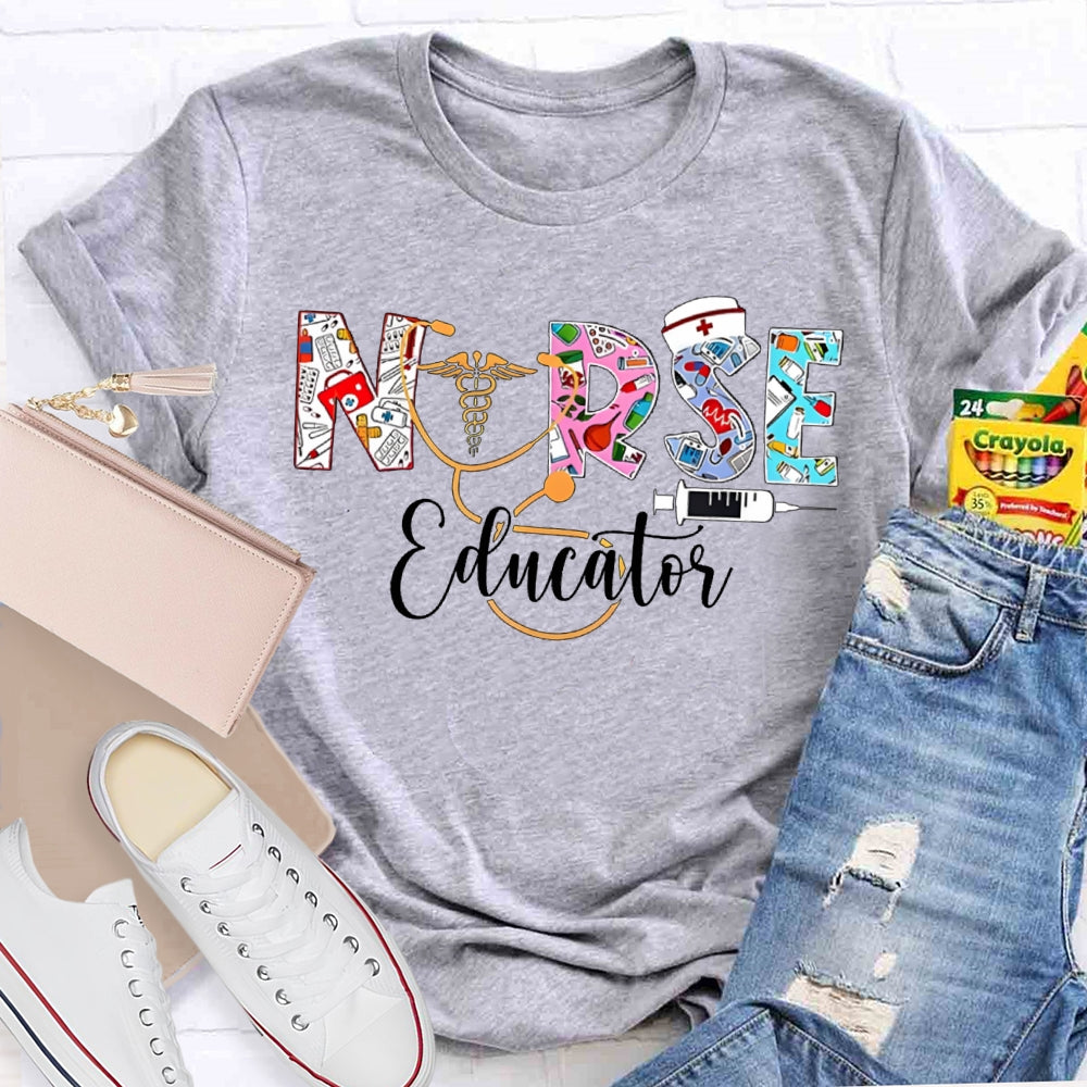 School Nurse Educator Colorful Font Printing T-shirt