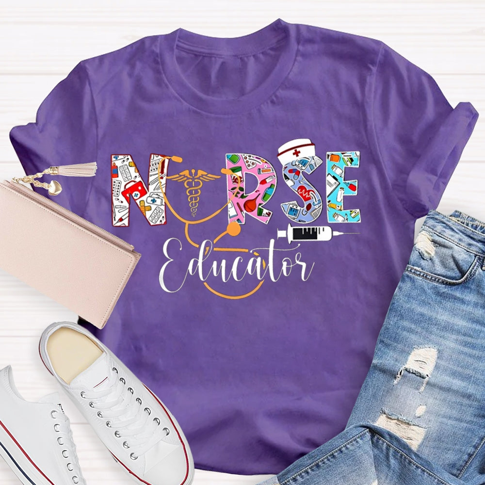 School Nurse Educator Colorful Font Printing T-shirt
