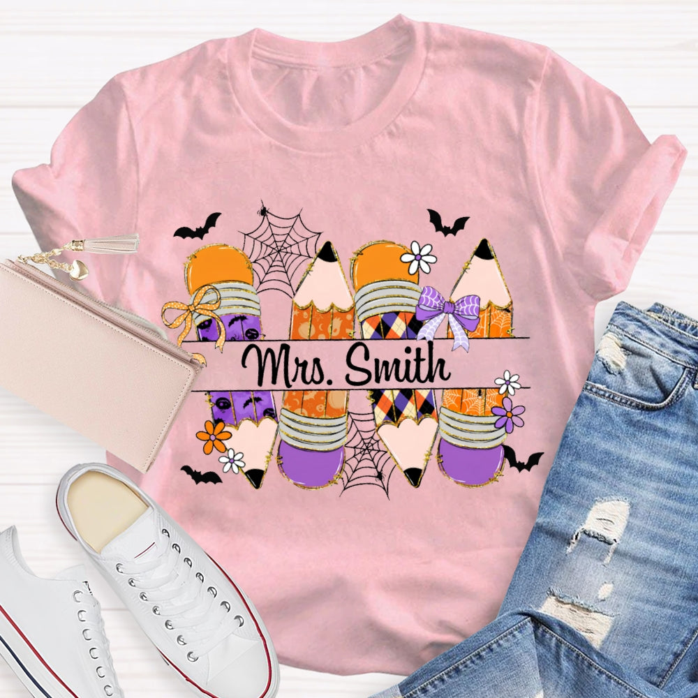 Personalized Name Colored Pencils And Little Bats Funny Halloween T-shirt