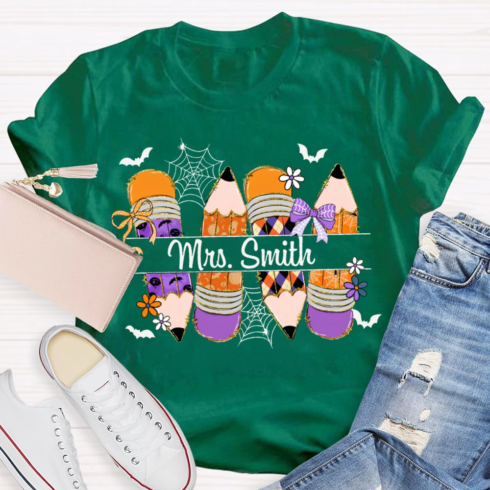 Personalized Name Colored Pencils And Little Bats Funny Halloween T-shirt