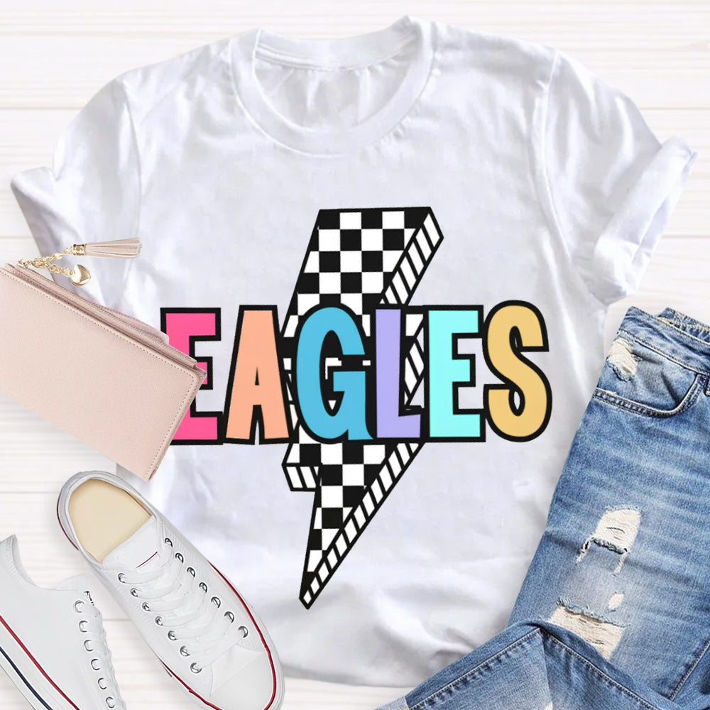 Personalized School Mascot Eagles Small Checkered Lightning Print T-shirt