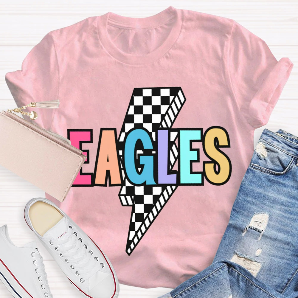 Personalized School Mascot Eagles Small Checkered Lightning Print T-shirt