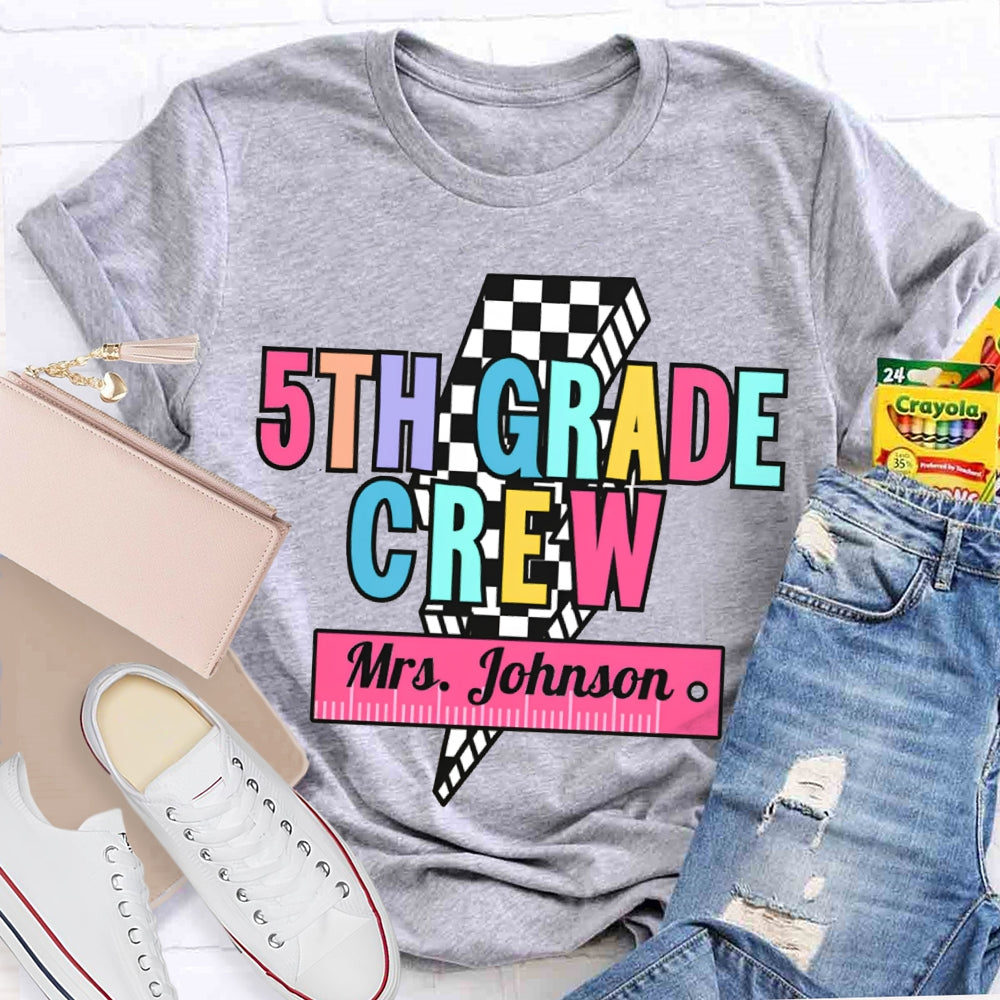 Personalized Name And Grade 5th Grade Crew Small Square Lightning T-shirt