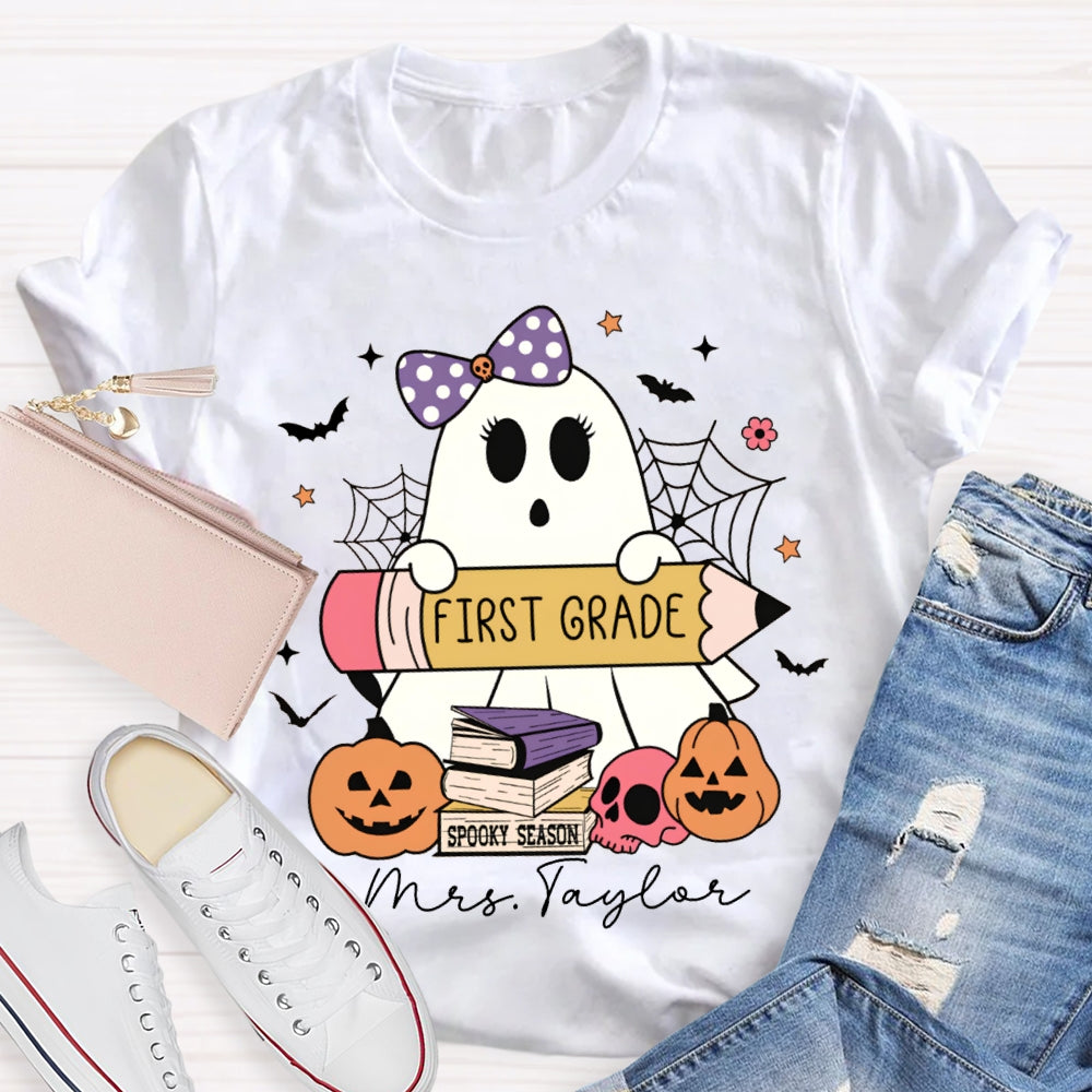 Personalized Name And Grade First Grade Cute Ghost Holding A Pencil Halloween T-shirt