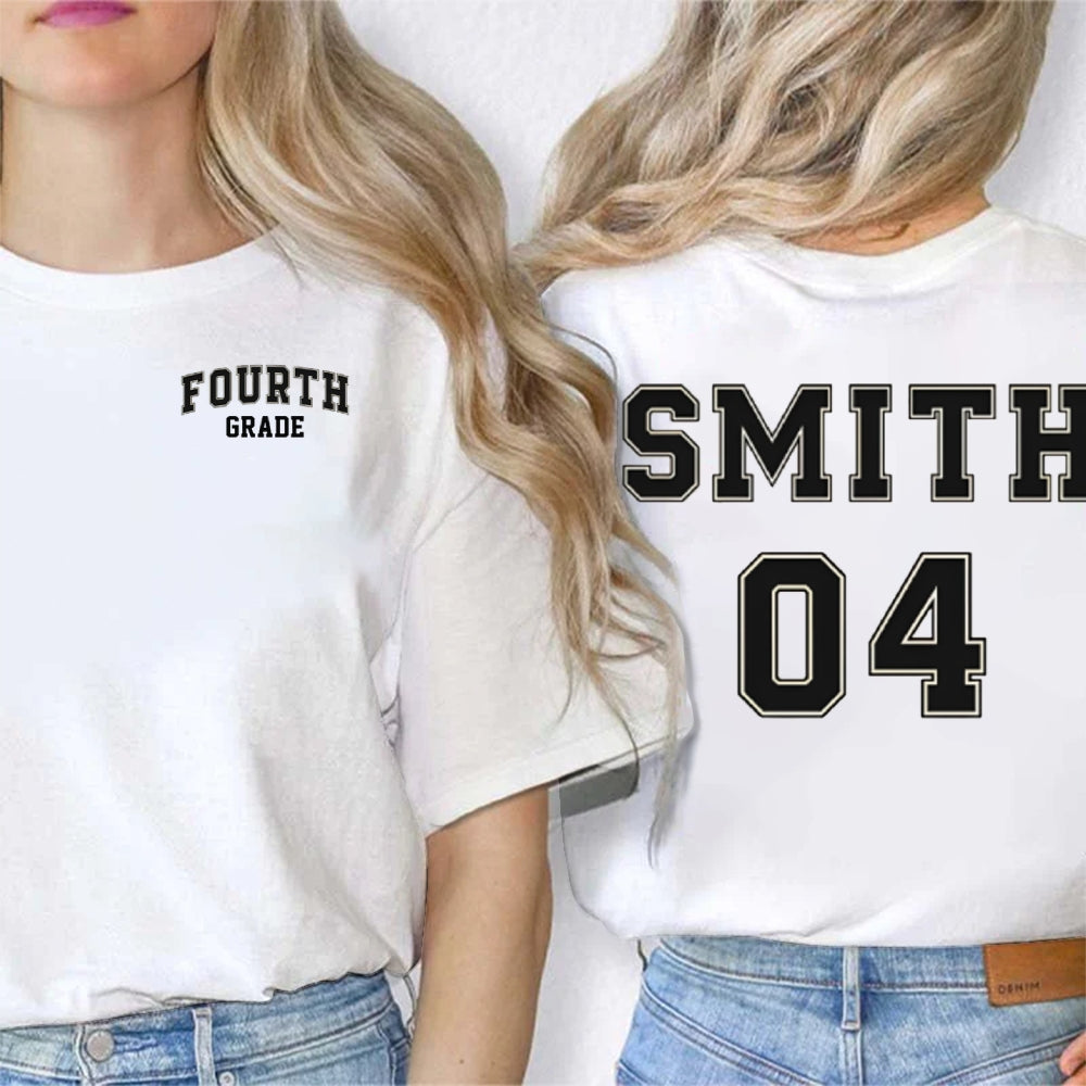 Personalized Name And Grade Fourth Grade Advanced Fonts Teacher Double Printed T-shirt