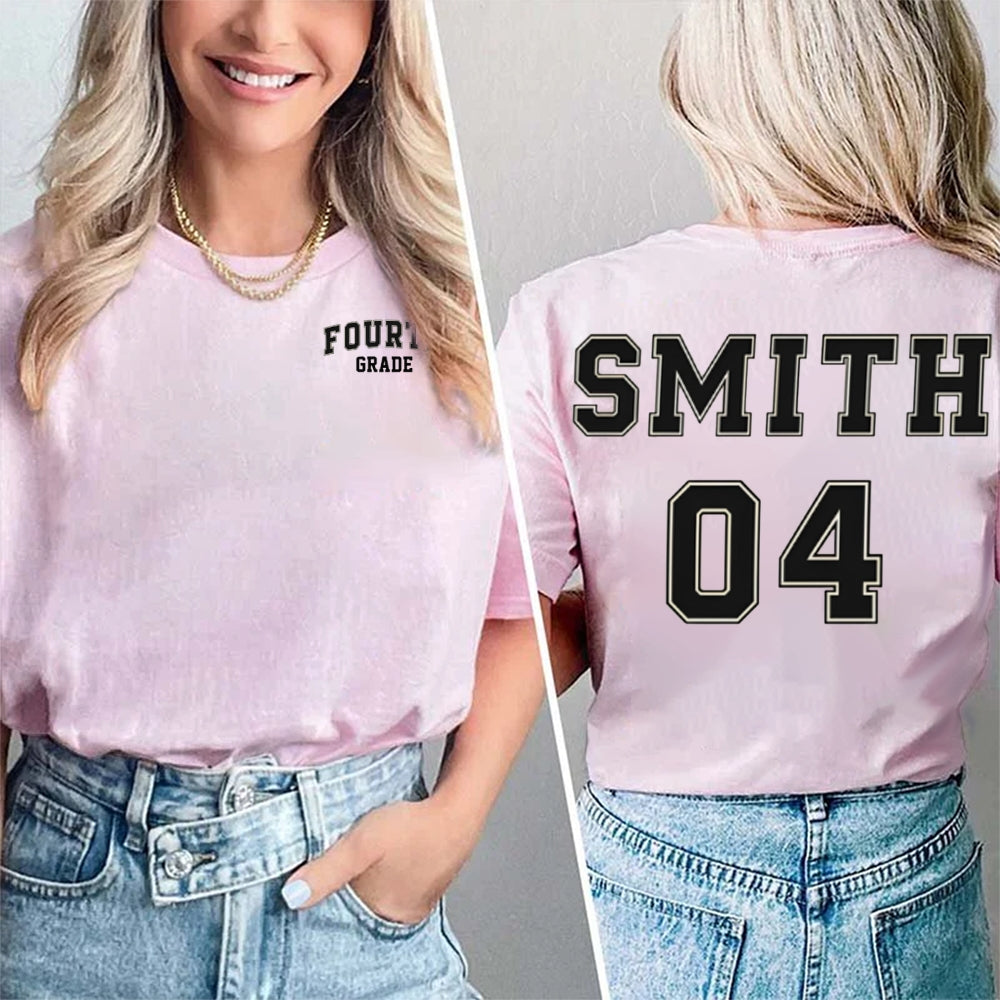 Personalized Name And Grade Fourth Grade Advanced Fonts Teacher Double Printed T-shirt