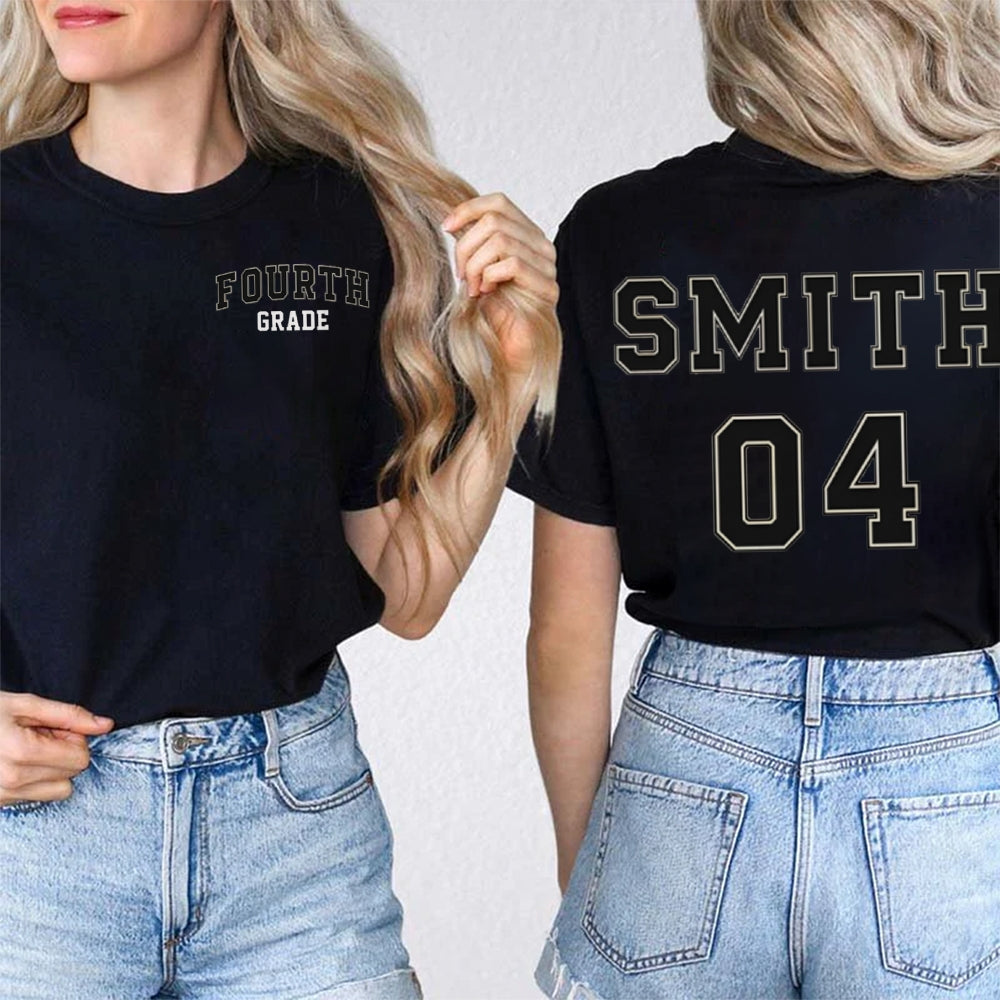 Personalized Name And Grade Fourth Grade Advanced Fonts Teacher Double Printed T-shirt