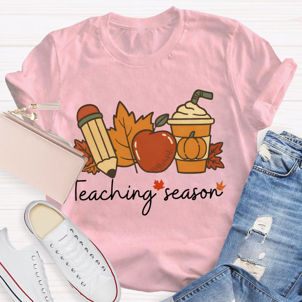 Teaching Season Pumpkin Coffee Cup And Maple Leaves Halloween T-shirt
