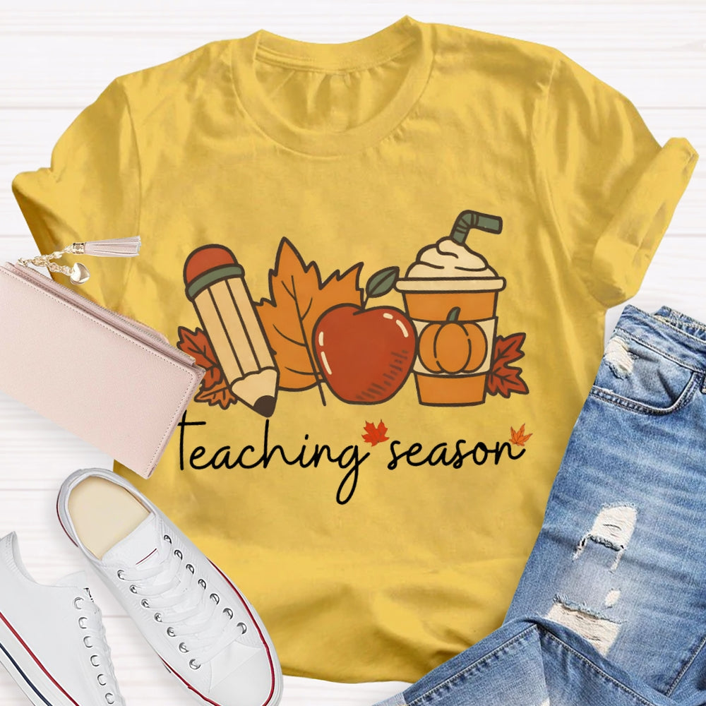 Teaching Season Pumpkin Coffee Cup And Maple Leaves Halloween T-shirt