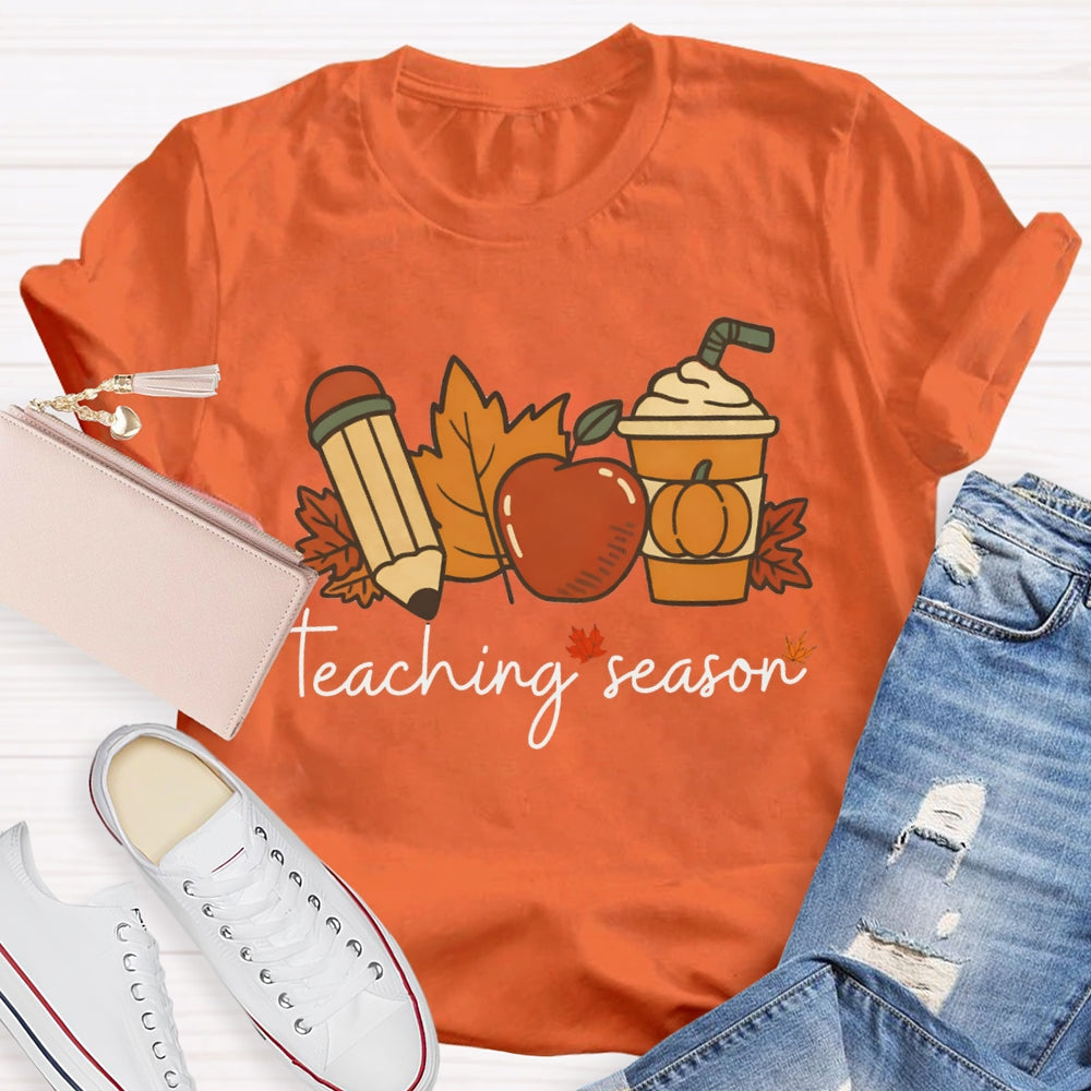 Teaching Season Pumpkin Coffee Cup And Maple Leaves Halloween T-shirt