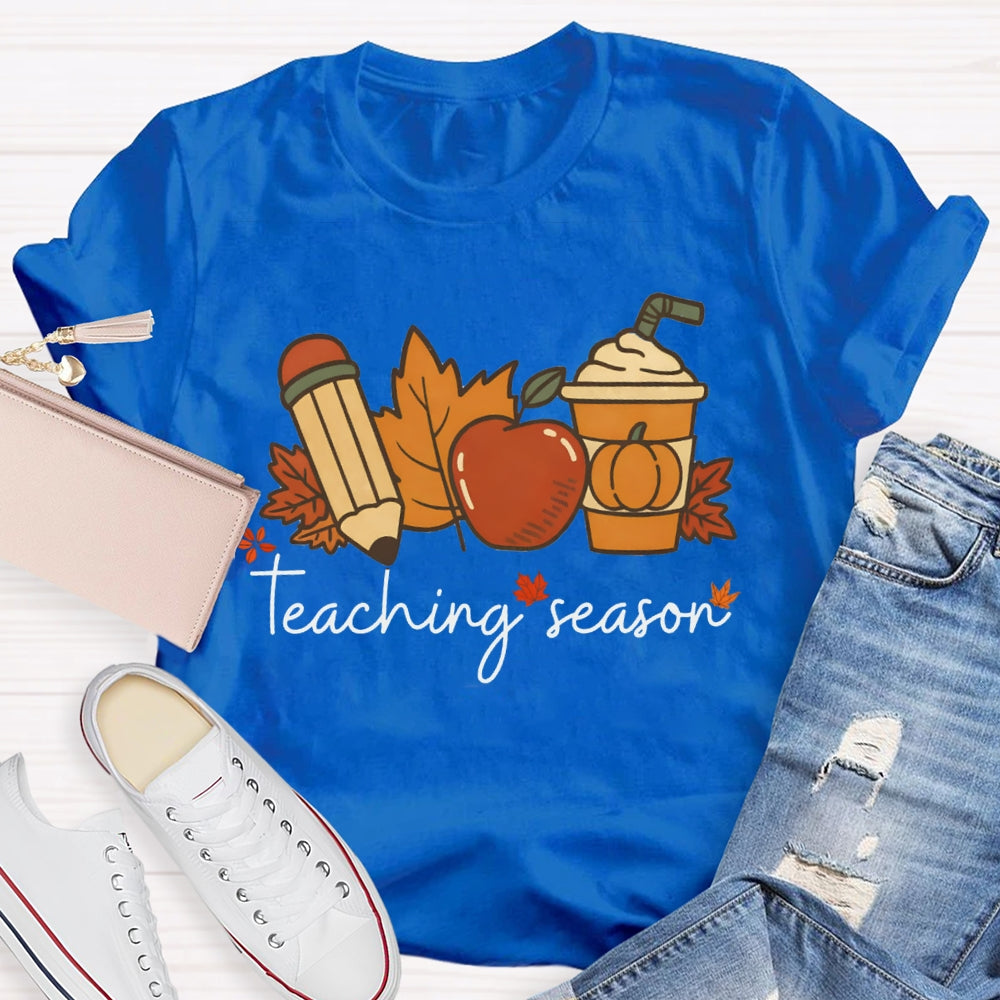 Teaching Season Pumpkin Coffee Cup And Maple Leaves Halloween T-shirt