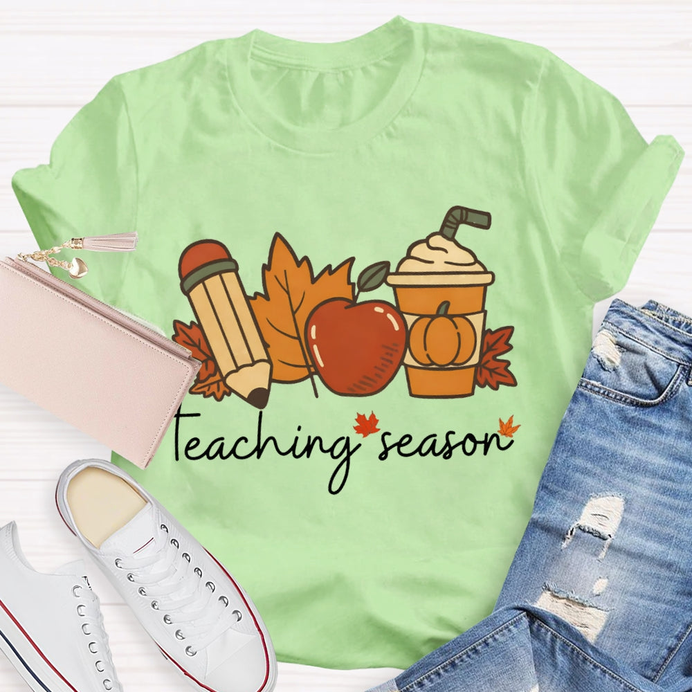 Teaching Season Pumpkin Coffee Cup And Maple Leaves Halloween T-shirt