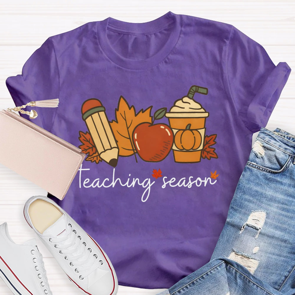 Teaching Season Pumpkin Coffee Cup And Maple Leaves Halloween T-shirt