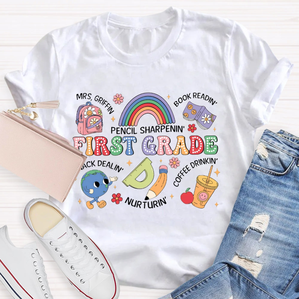 Personalized Name And Grade First Grade Pencil Sharpening Book Reading T-shirt