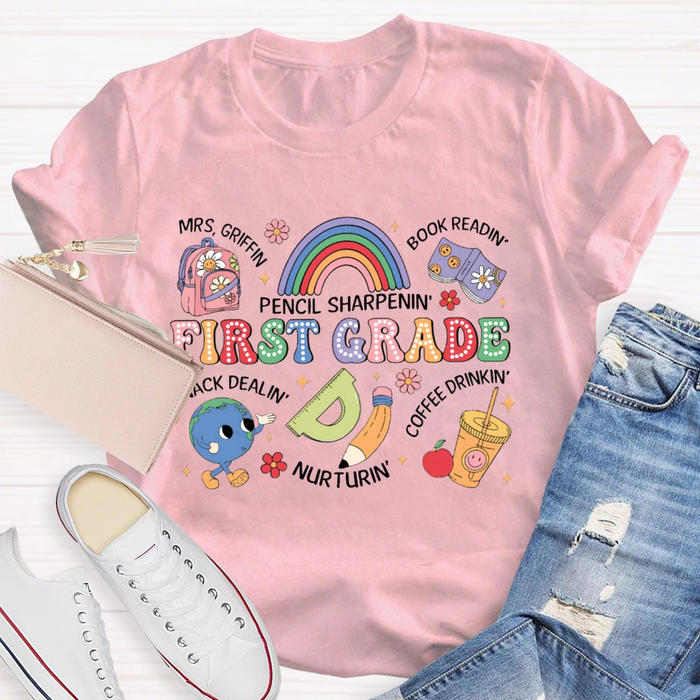 Personalized Name And Grade First Grade Pencil Sharpening Book Reading T-shirt