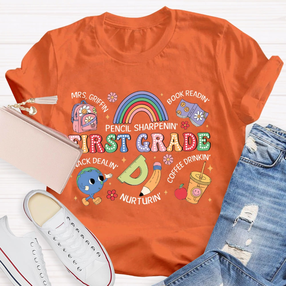 Personalized Name And Grade First Grade Pencil Sharpening Book Reading T-shirt