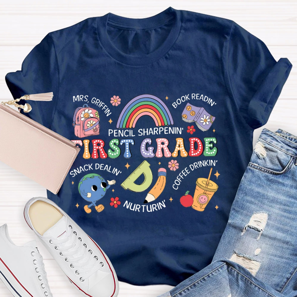 Personalized Name And Grade First Grade Pencil Sharpening Book Reading T-shirt