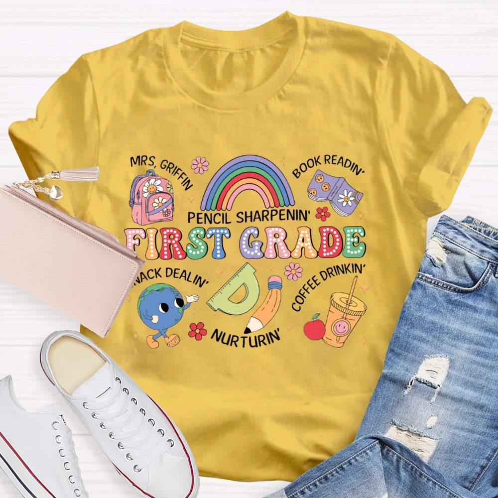 Personalized Name And Grade First Grade Pencil Sharpening Book Reading T-shirt