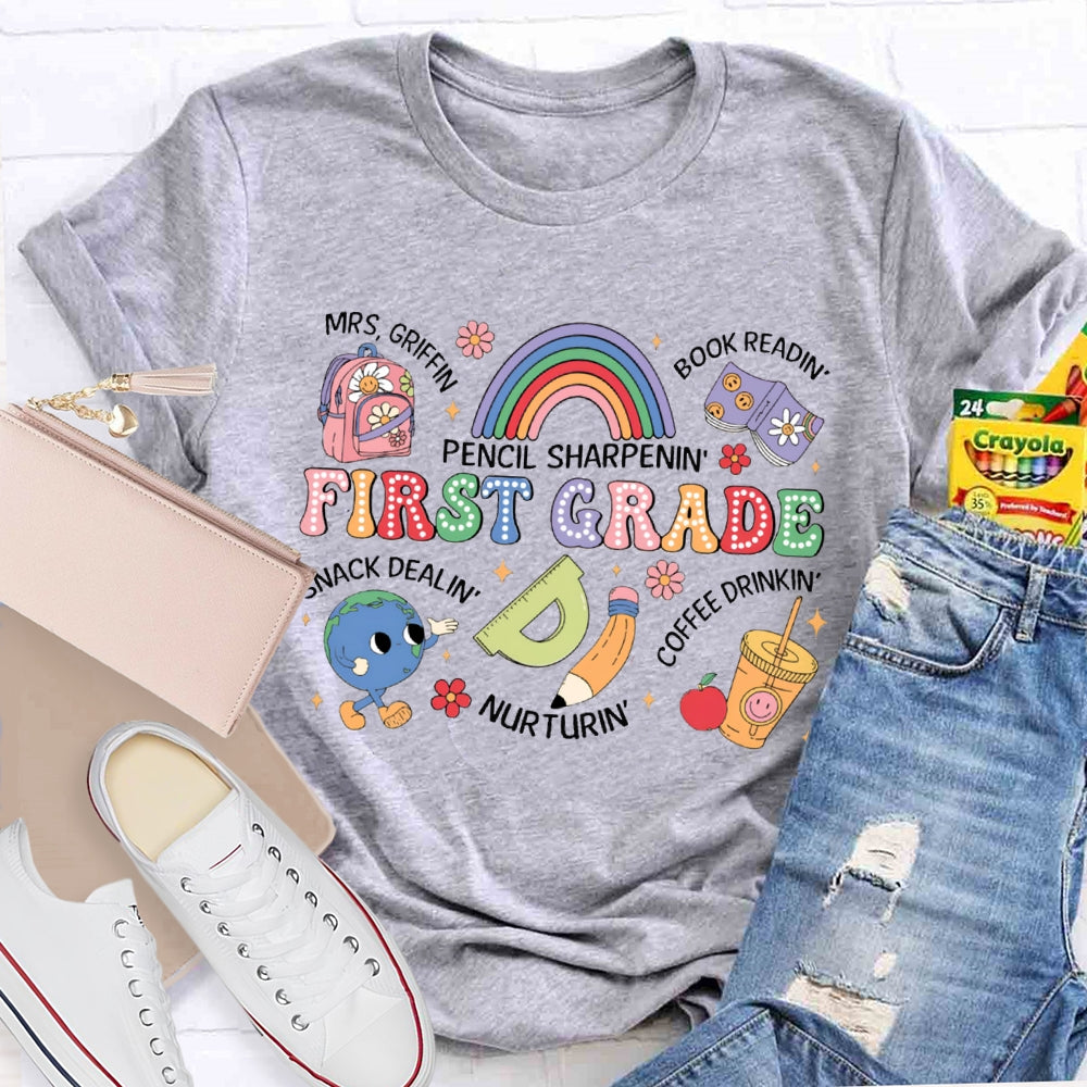 Personalized Name And Grade First Grade Pencil Sharpening Book Reading T-shirt