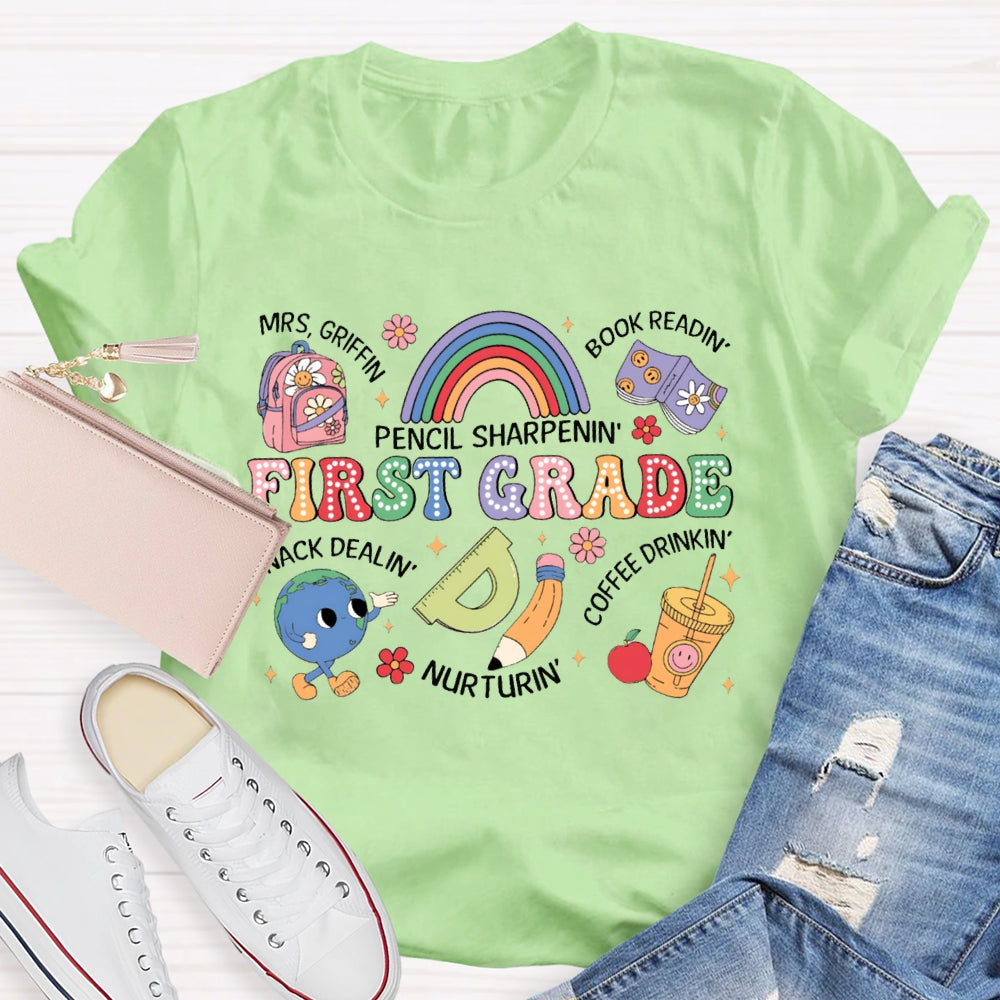 Personalized Name And Grade First Grade Pencil Sharpening Book Reading T-shirt