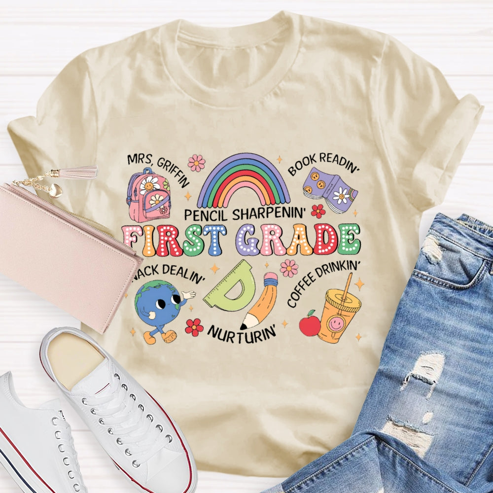 Personalized Name And Grade First Grade Pencil Sharpening Book Reading T-shirt