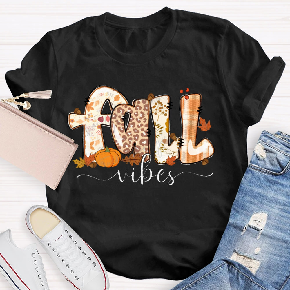 Fall Vibes Leopard Print Font And Maple Leaves T-shirt