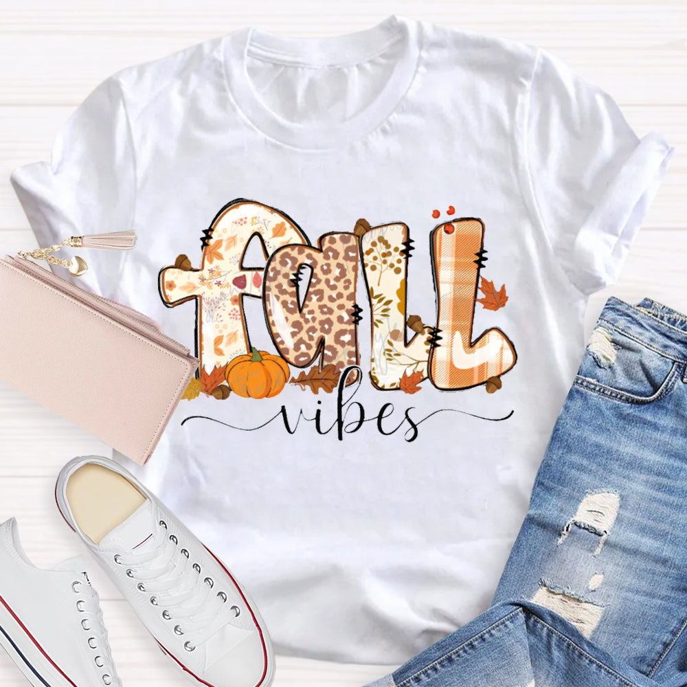Fall Vibes Leopard Print Font And Maple Leaves T-shirt