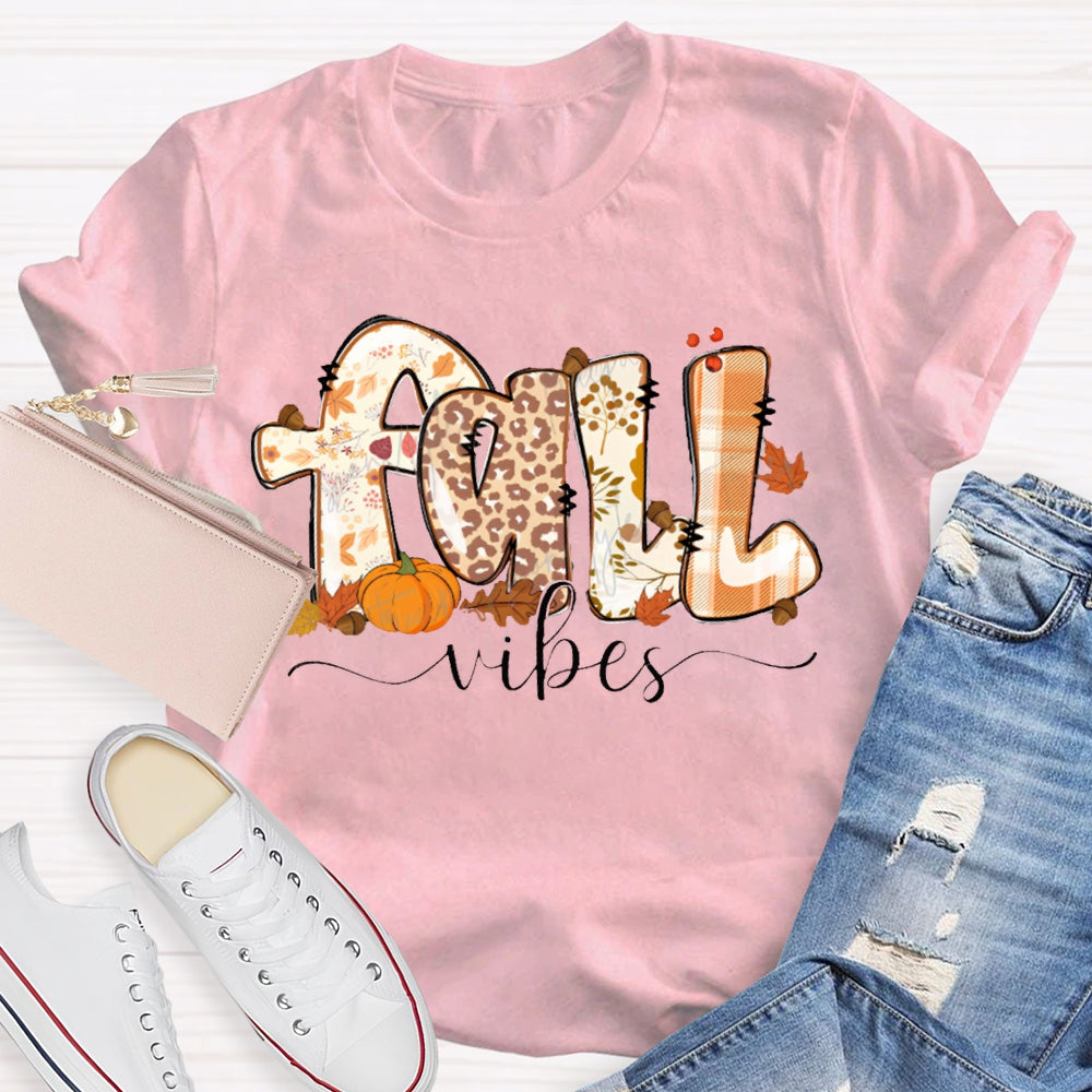 Fall Vibes Leopard Print Font And Maple Leaves T-shirt