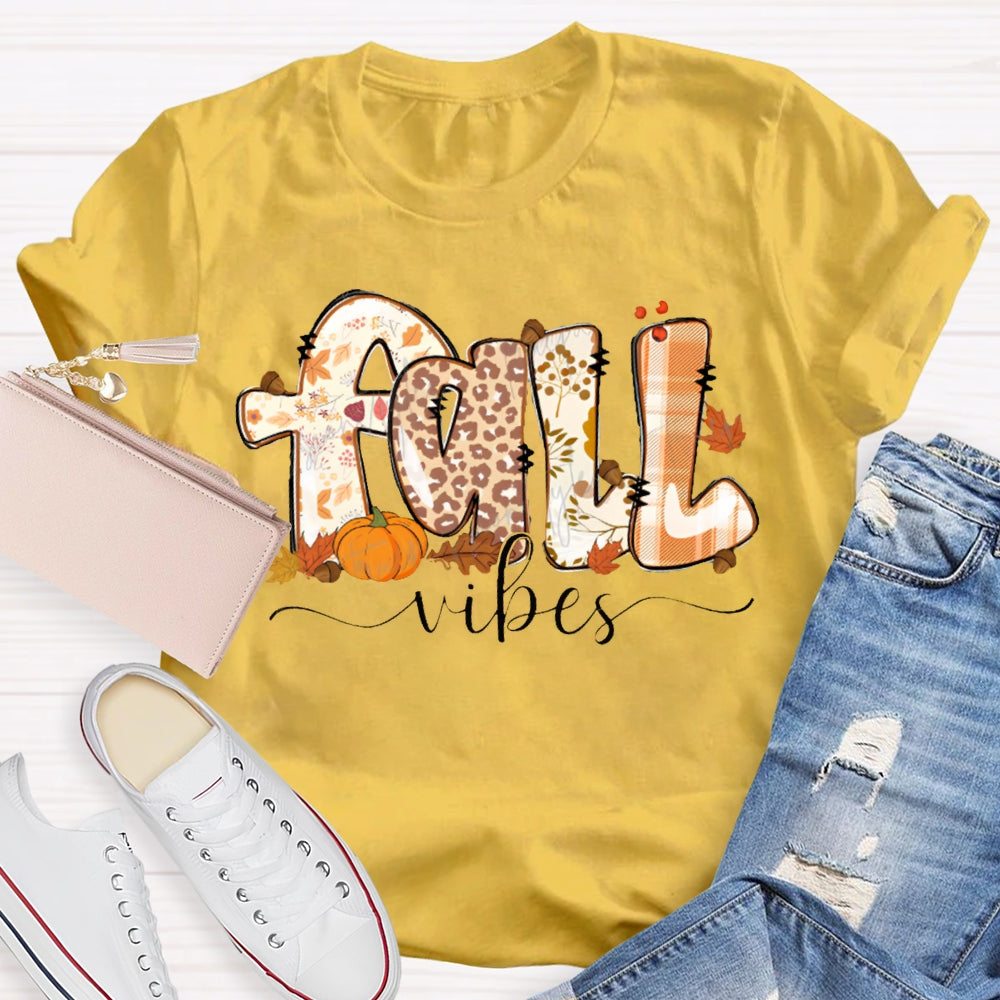 Fall Vibes Leopard Print Font And Maple Leaves T-shirt