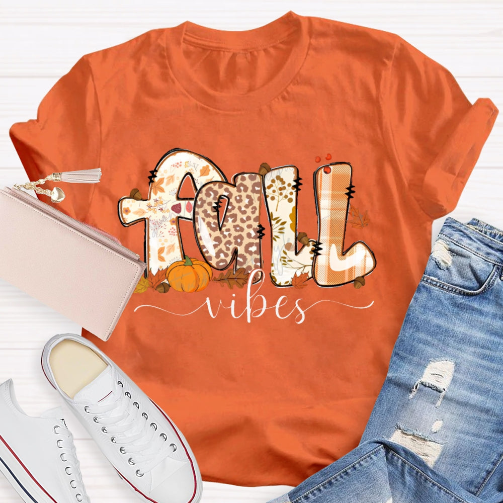 Fall Vibes Leopard Print Font And Maple Leaves T-shirt