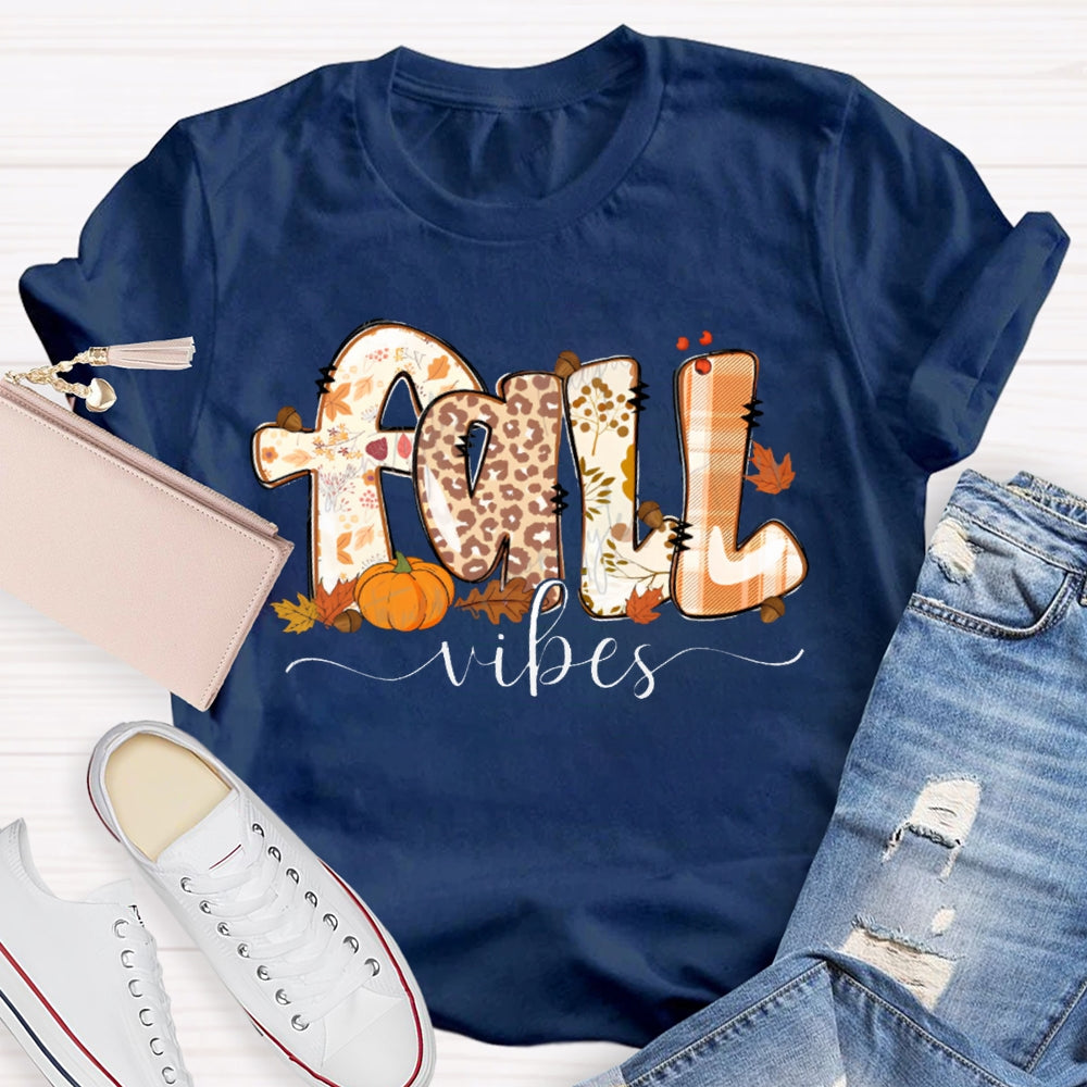 Fall Vibes Leopard Print Font And Maple Leaves T-shirt