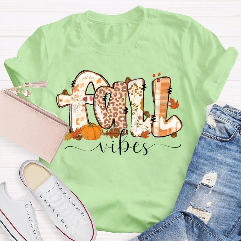 Fall Vibes Leopard Print Font And Maple Leaves T-shirt